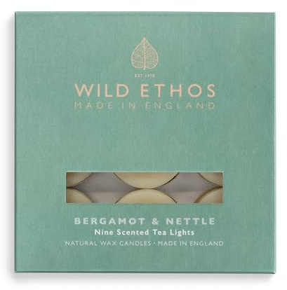 Wild Ethos Scented Tea Lights - Natural Wax - Long Lasting & Blended Natural Essential Oils - Pack of 9 - Made in The UK - Select Your Scent (Bergamot & Nettle)