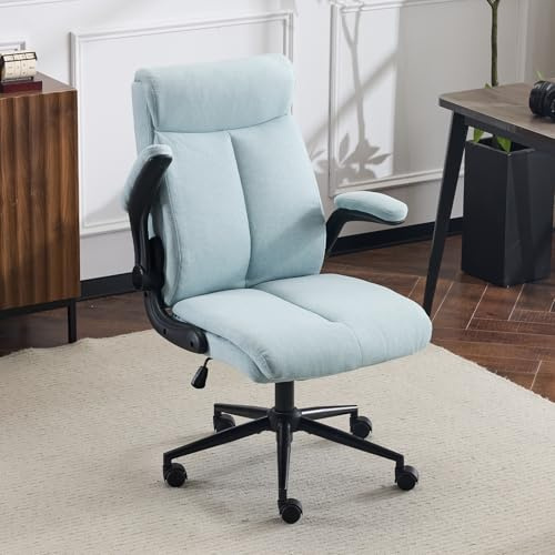 Bonnlo Ergonomischer Bürostuhl, Schreibtischstuhl mit hochklappbarer Armlehne, Computerstuhl, Drehstuhl, Wippfunktion 105°-120°, Höhenverstellbar, Drehbar, 150KG Belastbarkeit (Leinen, Hellblau)