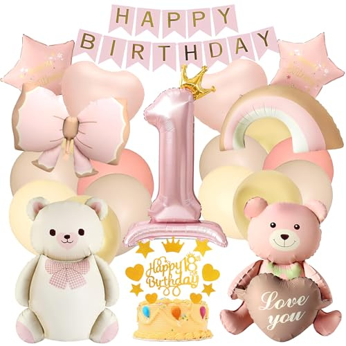 1. Compleanno Ragazza Orso Decorazione Festa, Palloncini Rosa e Oro | Festa 1 Anno Rosa Oro, Kit Palloncini con Orsetto, Cuori, Arcobaleno e Arco, Striscione Happy Birthday