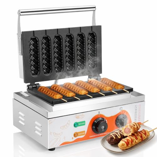 Moongiantgo Commercial Corn Dog Waffle Maker - 6 PCS 1550W Stainless Steel, 50-300℃ Adjustable Temp Control, 5-min Timer, Waffles on a Stick Maker (220V)