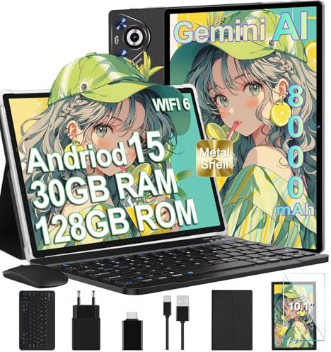 Tablet Android 15, 30GB RAM 128GB ROM(TF 2TB Expandible), 10 Pulgadas, 8000mAh, WIFI 5G, GPS/BT5.0/OTG, Face ID, Widevine L1, Tableta de Cuerpo Metálico con Teclado, Mouse y Funda Protectora -Negro