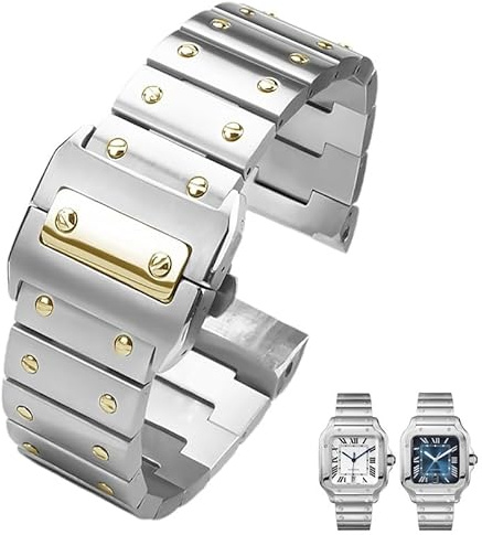 yaponuk Edelstahl-Uhrenarmband für Cartier Santos 100 Serie WSSA0009 Herrenarmband(Silver gold,20mm)
