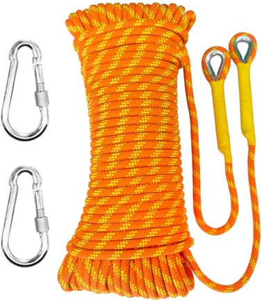 HUYEZybflt Corde Statique Escalade 10mm 50m 2 mousquetons Sac Rangement | Nylon haute résistance certifié UIAA adapté au sauvetage, alpinisme et travaux extérieurs, orange fluorescent