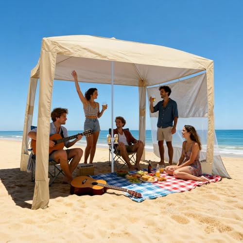 VEVOR Tenda da Spiaggia da 2400 x 2400 x 2400 mm, con Parete Laterale, Facile da Montare, con Tasche per la Sabbia, Ombrellone Parasole Portatile Regolabile in Altezza per Famiglia e Amici, khaki