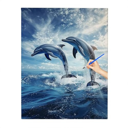 Peinture Numero Adulte Dauphin, DIY Peinture Enfant Océan Motif, Loisirs Créatifs Adultes, Paint by Numbers Kit Peintures et Pinceaux, sur Toile 40x50cm pour Noel Decoration Chambre, Cadeau Femme X-8
