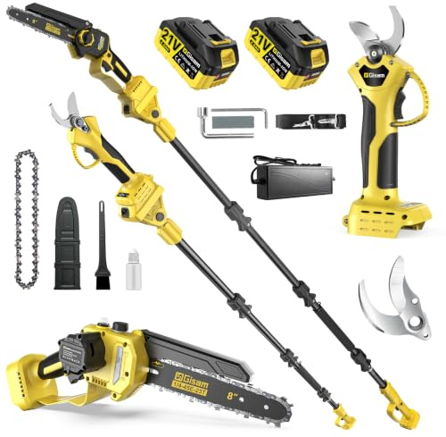 8 Pouces Mini Tronconneuse avec Perche & Secateur Electrique, 4-en-1 Ensemble d’Outils de Jardin avec 2 * 4000 mAh Batteries, Moteur Brushless, Portée Maximale Jusqu’à 4,2 m pour Jardinage/Arbres