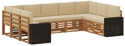 vidaXL Ecksofa Set mit Kissen 9 pcs Natur und Beige Polyester, Gartenmöbel, modernes Loungeset, strapazierfähiges Sofa im Freien, gemütliche Sitzgelegenheit für Terrasse und Garten