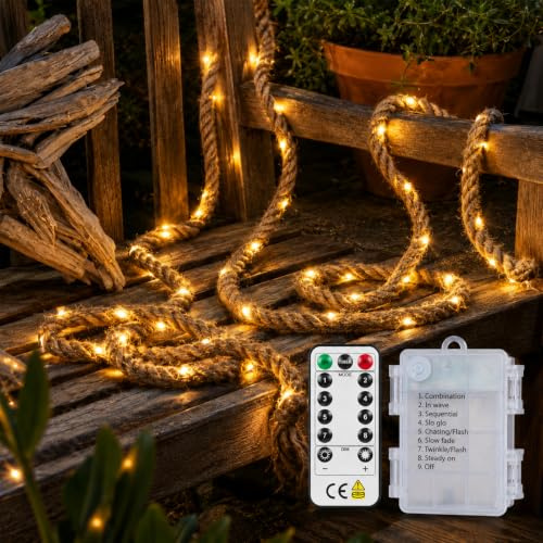 ENLACE LED Lichterkette Hanfseil, 5M 100 LEDs Jute Seil Lichterkette Batteriebetrieben mit Fernbedienung & Timer, 8 Modi, Wasserdicht Warmweiß Lichterketten für Innen Außen Garten Weihnachten Party