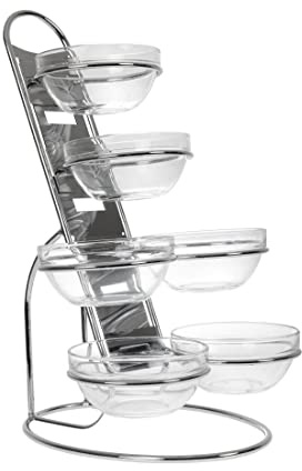APS 11499 Buffetleiter LITTLE, Müsli Gestell, Gestell Metall verchromt, 6 Glasschalen Ø 14 cm/0,5 Liter, 2 Einzel- und 2 Doppelringe individuell einsetzbar