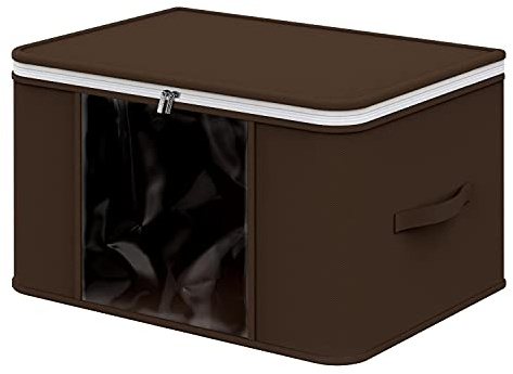 Vinsani Large Capacity Clothes Storage Bag Organizer, Moisture Proof, Brown | Large, Foldable Underbed Storage Bag with Double Zip, Clear Window & Reinforced Handles for Clothes & Bedding