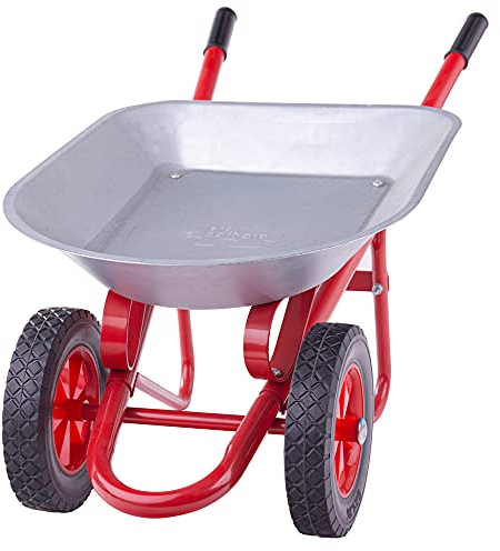 Bigjigs Toys Kids Wheelbarrow - Robust Silver & Red Wheel Barrow with Easy Grip Handles, Top Gardening Gifts for Children, Quality Garden Toys