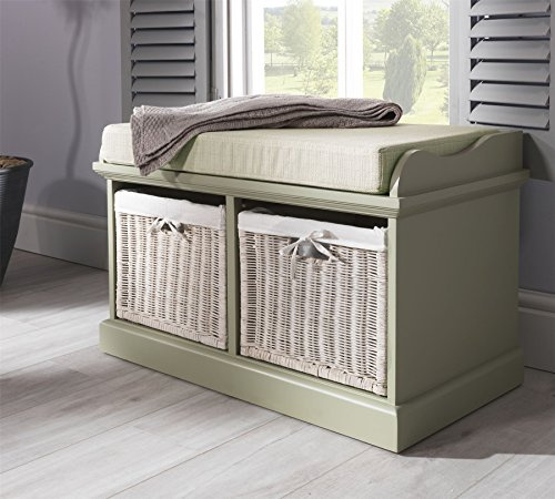 Tetbury Sage Green Bench with 2 White baskets. Fully assembled storage bench in lovely sage colour. Very Sturdy