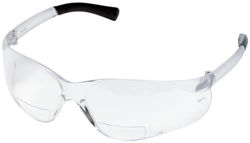 MCR Safety Crews BKH20 BearKat Lupe Polycarbonat 2.0 Dioptrien klare Gläser Sicherheitsbrille mit rutschfestem Hybridbügel in Schwarz, 1 Paar