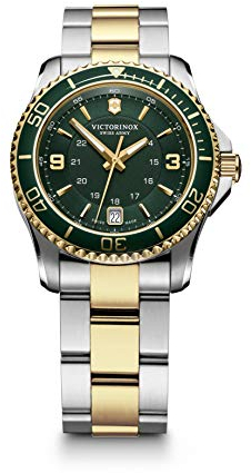 Victorinox Damen-Uhr Maverick Small, Damen-Armbanduhr, analog, Quarz, Wasserdicht, Gehäuse-Ø 34 mm, Armband 18 mm, 116 g, Silber/Grün