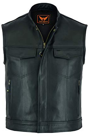 A&H Apparel Mens Genuine Cowhide Leather Biker Vest - Motorcycle Gear with Pockets - Sleeveless Motorwear & Top Coat (Black, XL)
