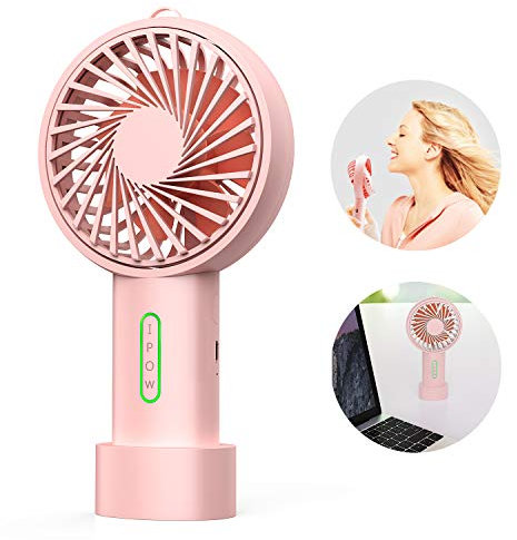 IPOW Mini Handheld Fan Personal Portable Fan 3 Speed Adjustable Angle Removable Base Lanyard USB Recharging Battery Operated Small Desk Cooling Face Fan for Home Camping Disney Travel Peach Pink