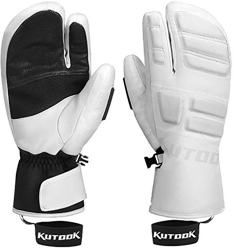 KUTOOK Skihandschuhe Herren Damen Fäustlinge Winterhandschuhe Fingerhandschuhe Thermo Ziegenleder 3M Thinsulate Wasserdicht Winddicht für Ski Snowboard Wintersport Weiß, XXL(SF9503T)