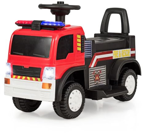 COSTWAY 6V Camion de Pompiers Enfants avec Musique & Lumière, Porteur Electrique Enfants avec Klaxon et Sirène, Démarrage à Un Bouton pour Garçon et Fille de 3 à 6 Ans