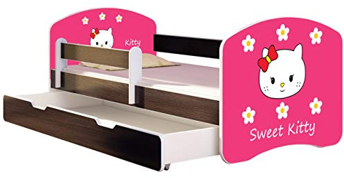 ACMA Kinderbett Jugendbett mit Einer Schublade und Matratze Wenge mit Rausfallschutz Lattenrost II 140x70 160x80 180x80 (16 Sweet Kitty 2, 180x80 + Bettkasten)