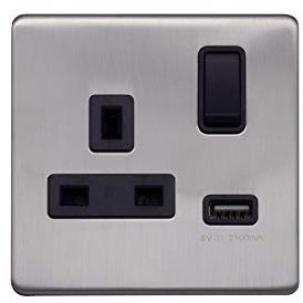 Lieber Brushed Chrome 13A 1 Gang Switched Plug Socket (3.1A) USB Outlet - Black Insert Screwless