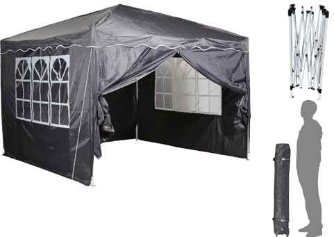 CHILLROI® Faltpavillon | Dachfläche 300 x 300 cm | Anthrazit | 200g/m² | Wasserdicht | inklusive 4 Seitenwände mit Fenster | Multifunktionszelt | inklusive Tragetasche und Heringe