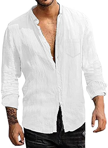 LVCBL Hemd Langarm Herren Baumwolle Leinenhemd Sommer Strand Freizeit Hemd Weiß 3XL