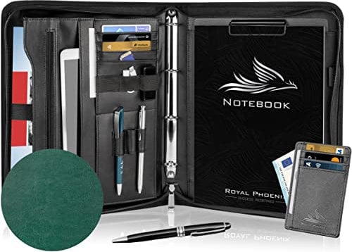 Royal Phoenix® Business Schreibmappe A4 'Hawk' - Hochwertige Ringbuchmappe mit Reißverschluss - inkl. Kreditkartenetui + weiteren EXTRAS - Arbeitsmappe aus hochwertigem Kunstleder in Smaragdgrün