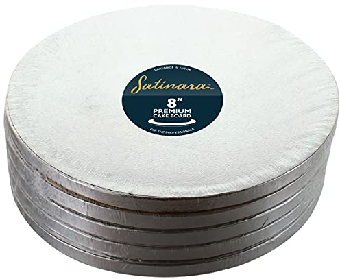 Satinara 8 Cake Boards, Luxury Cake Drums, Silver Foil Covered, 12mm thick - 8 inch Round (Pack of 5)