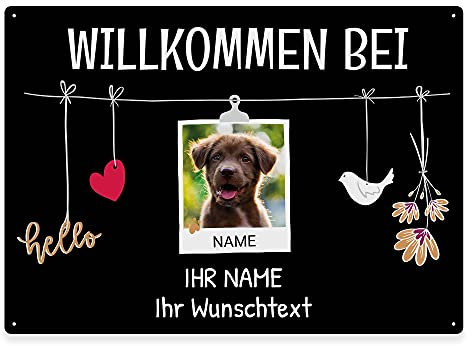 Hunde Schild personalisiert - Willkommen bei - Metallschild mit Foto und Name für außen, wetterfestes Türschild für Hundebesitzer - ca. DIN A4-28 x 20 cm, EIN Tier, schwarz