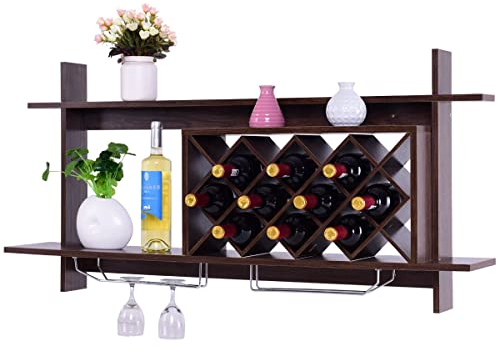 COSTWAY Wall Mounted Wine Rack, Bottle Glass Bar Accessories Shelving Organizer, Wood Wine Storage Display Shelf for Kitchen and Living Room (Walnut, 120 x 20 x 59cm)
