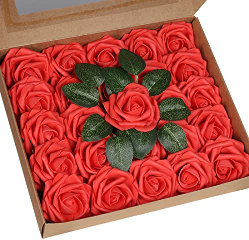 Anaoo Rosa Fiori Artificiali Finte 25 Pezzi Schiuma Aspetto Reale Regolabile Rose Finti Decorazioni per DIY Matrimoni Mazzi Nozze Nuziale Centrotavola Arrangiamenti Festa Bambino Casa, Rosso