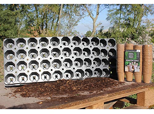 Kingston Tools Pot Carrying Tray with Holes 3 Trays/28 Cells each Tray with 96pcs 6cm Round Fibre Pots – Professional Potting On Tray – Seed Growing Tray Garden Plant Pots Shuttle Tray