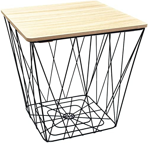 HOMION Retro Metal Wire Square Wood Top Storage Side Table Basket Home Furniture (Black)