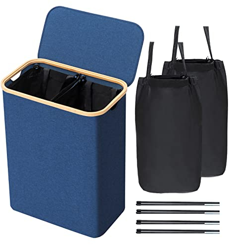 BRIAN & DANY Laundry Basket with Lid, 123L Double Laundry Hamper with Removable Bags and Bamboo Handles, Foldable Clothes Baskets, Oxford Fabric, 54 x 33 x 69 cm, Blue