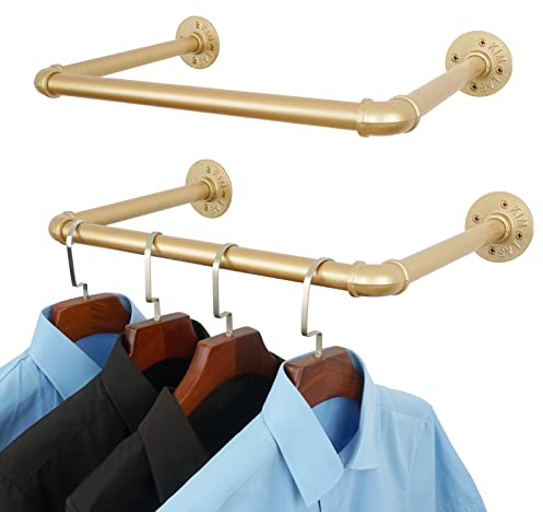 Industrieller Rohr-Kleiderständer, 2 Stück, 52 cm, DIY, robuster Kleiderständer, Wandmontage, schwarzes Eisenrohrgestell (Gold) 52 cm