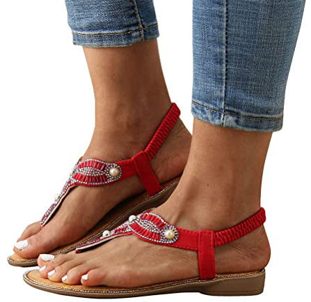 ticticlily Sandales Femmes Plates Été Strass Chaussures Nu Pieds Claquette Plage à Talon Plat Semelle Confortable Bride Cheville Bout Ouvert B Rouge 38 EU