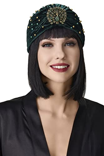 BABEYOND Damen Turban Hut mit Kristall Brosche 1920s Haarband Exotisch Retro Indischer Turban Hut Damen Fasching Kostüm Accessoires(Dunkelgrün