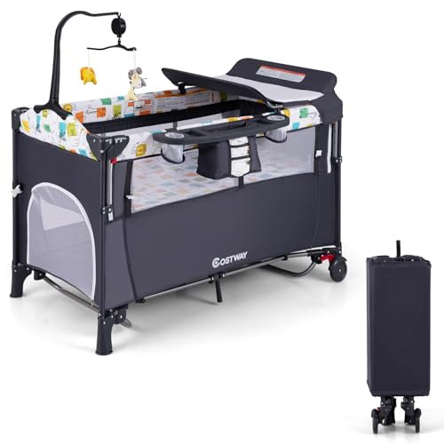 COSTWAY Cuna de Viaje Convertible 5 en 1 con Cambiador, Bolsillo de Almacenamiento, Centro de Guardería para Bebés, Juguetes Colgantes, Cuna Ajustable de 4 Niveles con Ruedas y Frenos (Gris)