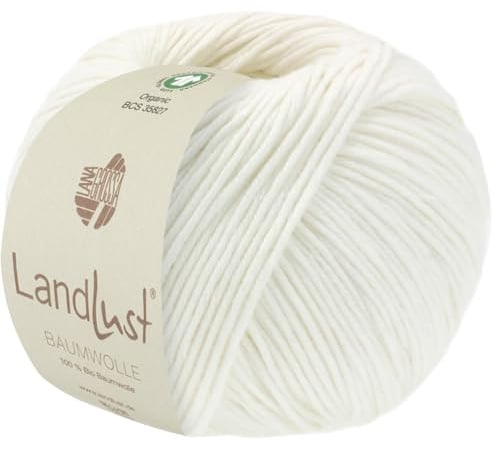 LANA GROSSA Landlust Baumwolle | Klassisches Bio-Baumwollgarn, Gots zertifiziert | Handstrickgarn aus 100% Baumwolle (Bio) | 50g Wolle zum Stricken & Häkeln | 115m Garn FB 4 Weiß