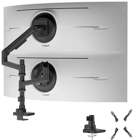 G-PACK PRO Brazo de monitor dual para pantallas ultraanchas de 17 a 49 pulgadas - Soporte de escritorio de brazo de monitor resistente - Soporte VESA con abrazadera y base de ojal - Soporta hasta 44