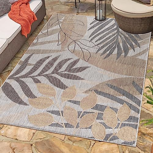Carpetsale24 In & Outdoor Teppich Wetterfest Skandinavischer Design Beige 120 x 170 cm - Waschbarer Küchenteppich Wesserfest Palmen Design Flachgewebe Teppiche für Balkon Terrasse Küche Wohnzimmer