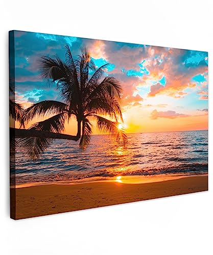 MuchoWow© Impressions sur Toile 120x80 cm Deco Tableau Murale Decoration Salon Peinture Tableaux Chambre Toiles Maison Palmier - Coucher de soleil - Horizon - Plage - Mer - Tropical