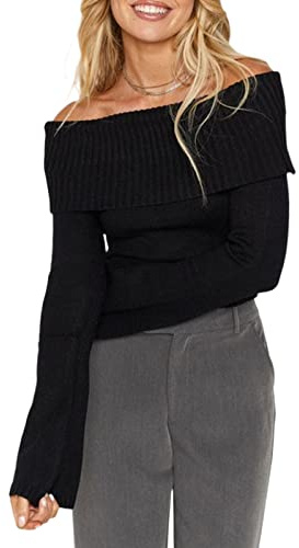 Women Fall Sweater Long Sleeve Off-Shoulder Solid Casaul Jumpers Knit Pullover Tops for Daily (Black, S)