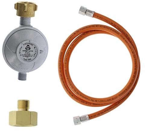 BOGAPRO Set aus Verbindungsstück, Gasregler und Schlauch Aufkleber, LPG Adapter 1/2 Zoll Innengewinde x 1/4 Zoll Außengewinde, Gasregler 30/50 mbar, für Outdoor, Gaskocher und Grill
