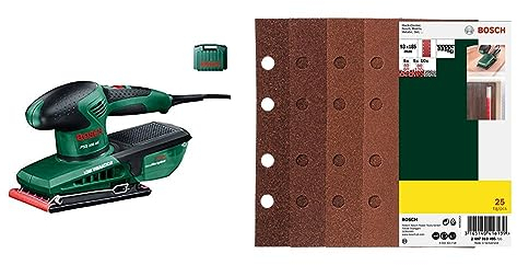 Bosch PSS 200 AC Schwingschleifer, 200 W - Bandschleifmaschinen (Handschleifer, Schwingschleifer, Staubbeutel) + 25tlg. Schleifblatt Set verschiedene Materialien (Körnung 40/60/80/120, Zubehör)