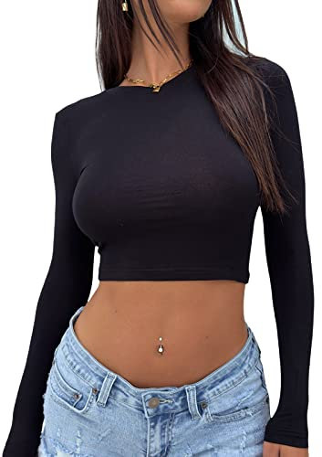 M9ppzzur7 Women's Casual Basic Crop Tee Top Long Sleeve Sexy Crew Neck Fitted Solid Color Crop Top Tee Shirt Midriff-Baring Blouse Streetwear (Black, S)