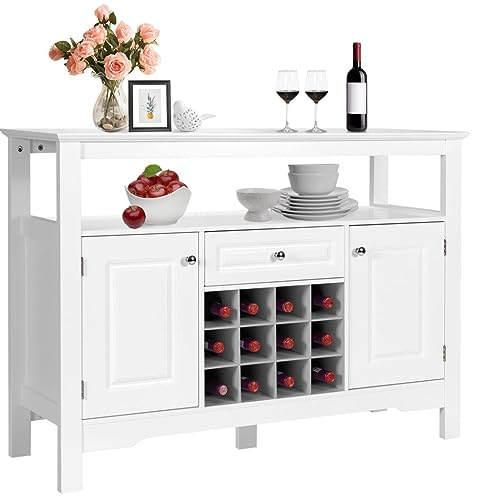 GiantexUK Wooden Storage Cabinet, Freestanding Bar Buffet Sideboard with Wine Rack, Drawer & Shelf, Wine Display Cupboard for Home Kitchen Dining Living Room Entryway (White)