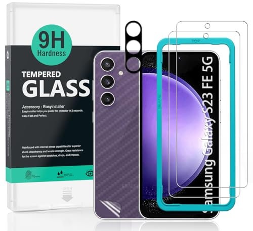 Ibywind Protecteur d'écran pour Samsung Galaxy S23 FE 5G（6,4 avec 2 pièces en verre trempé,1 protection d'objectif d'appareil photo,1 film en fibre de carbone[pas de bulles]