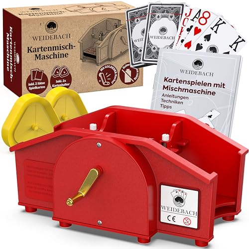 Weidebach® rot Kartenmischmaschine mit Goldener Kurbel für alle Standard Kartenspiele, Kartenmischer mit 2X Kartenspielen & Ersatzkurbel, Karten Mischgerät mit Buch für lustige Spieleabende
