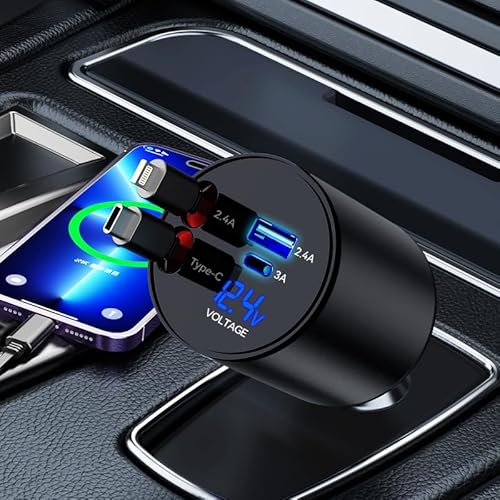 GLILAVOX Chargeur de Voiture rétractable,Chargeur de Voiture 4 en 1 pour iPhone et Type C 60W,Câbles rétractables et 2 Ports de Charge Chargeur de Voiture pour iPhone 16/15/14/13,Samsung Galaxy(Noir)